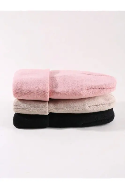 Unisex Katlamalı Siyah,taş,pembe 3'lü Bere Seti-Siyah - 3