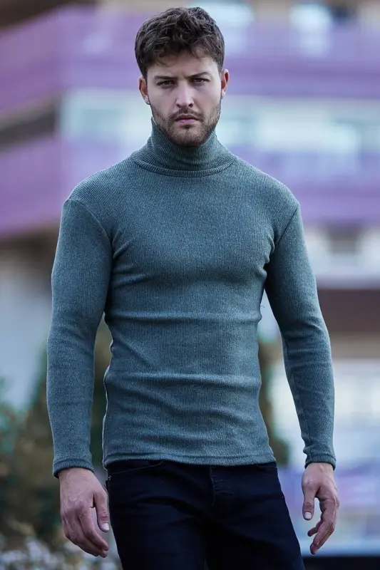 Unisex Khaki Cotton Ribbed Brushed Slim Fit Turtleneck Sweater-KHAKI - 1