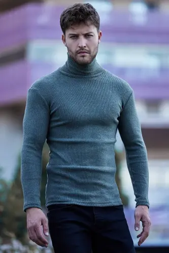 Unisex Khaki Cotton Ribbed Brushed Slim Fit Turtleneck Sweater-KHAKI 