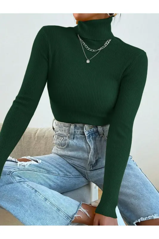 Unisex Khaki Green Cotton Turtleneck Slim Fit Fleece Lined Sweater-Green - 1
