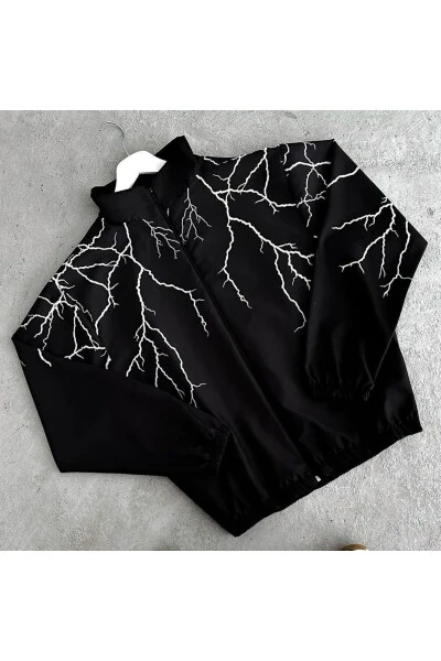 Unisex Kids Black Lightning Digital Printed Thin 100% Waterproof Zippered Raincoat Jacket - Modazone