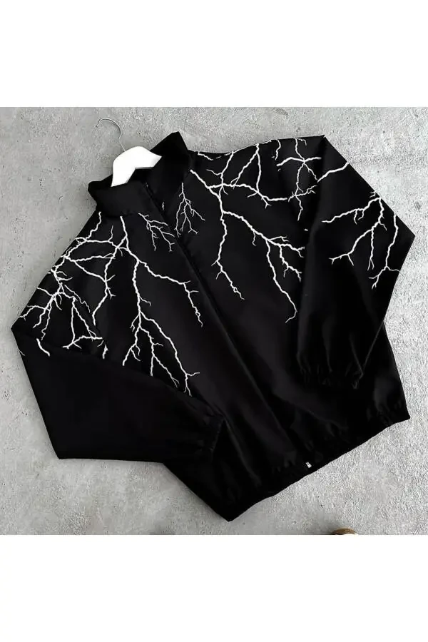 Unisex Kids Black Lightning Digital Printed Thin 100% Waterproof Zippered Raincoat Jacket - 1