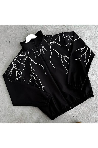 Unisex Kids Black Lightning Digital Printed Thin 100% Waterproof Zippered Raincoat Jacket - RICHARLISON