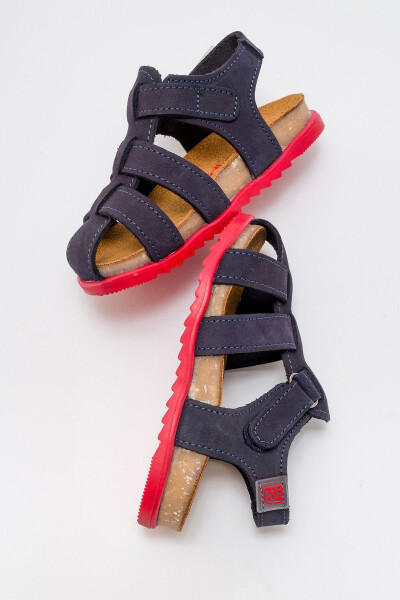 Unisex Kids Navy Genuine Leather Cork Sole Children's Sandals - 22