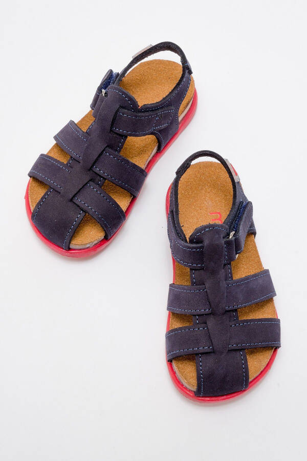 Unisex Kids Navy Genuine Leather Cork Sole Children's Sandals - 15