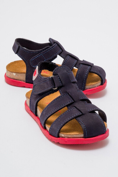 Unisex Kids Navy Genuine Leather Cork Sole Children's Sandals - 7