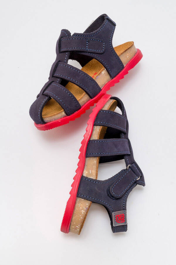 Unisex Kids Navy Genuine Leather Cork Sole Children's Sandals - 4