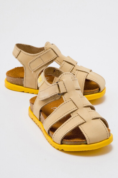 Unisex Kids Open Yellow Genuine Leather Cork Sole Children Sandals - 25