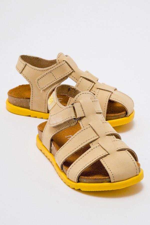 Unisex Kids Open Yellow Genuine Leather Cork Sole Children Sandals - 25