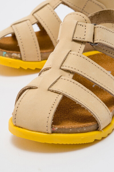 Unisex Kids Open Yellow Genuine Leather Cork Sole Children Sandals - 26