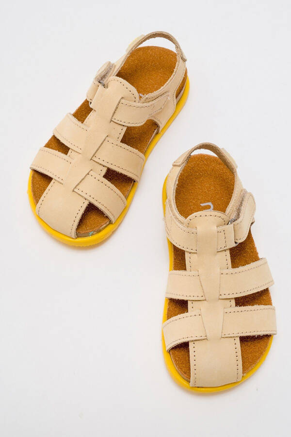 Unisex Kids Open Yellow Genuine Leather Cork Sole Children Sandals - 27