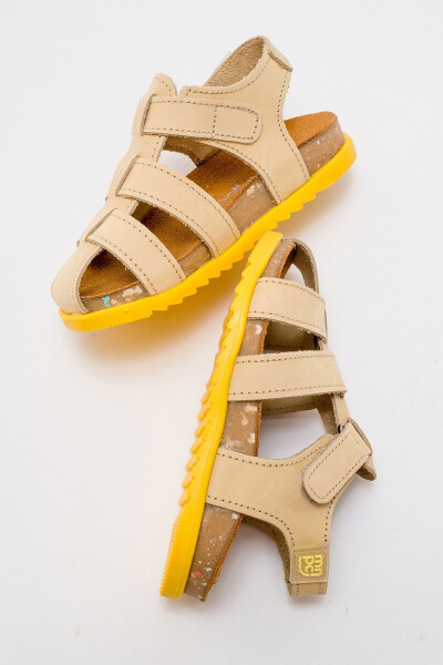 Unisex Kids Open Yellow Genuine Leather Cork Sole Children Sandals - 28