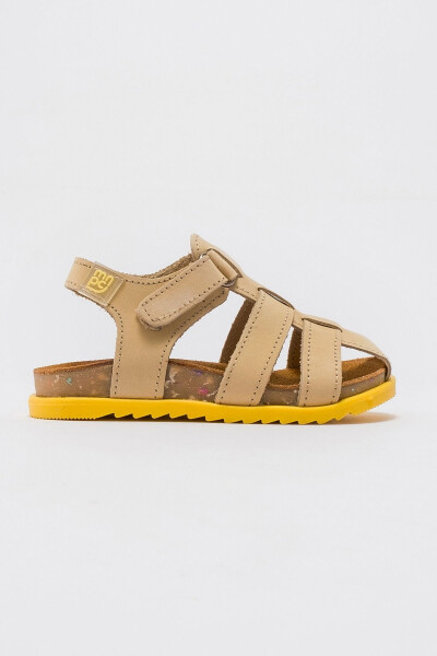 Unisex Kids Open Yellow Genuine Leather Cork Sole Children Sandals - 29