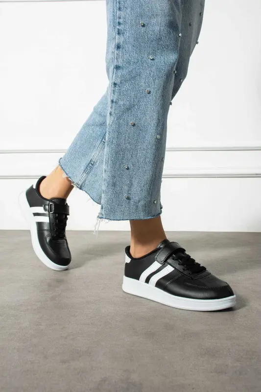 Unisex Kids Velcro Comfortable Daily Sneaker Sports Shoes-BLACK WHITE - JUHR