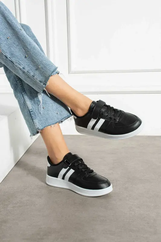 Unisex Kids Velcro Comfortable Daily Sneaker Sports Shoes-BLACK WHITE - 5