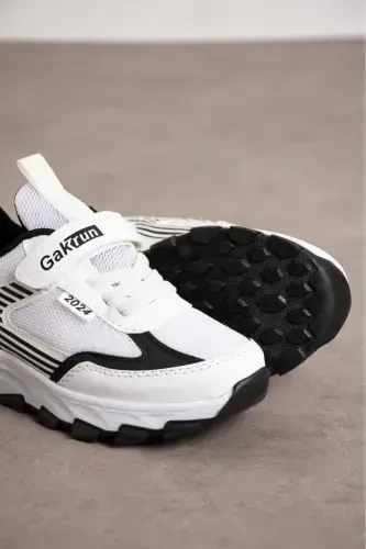 Unisex Kids Velcro Elastic Comfortable Daily Sneaker Anorak Sports Shoes Lightweight Poly Sole-WHITE BLACK - 7