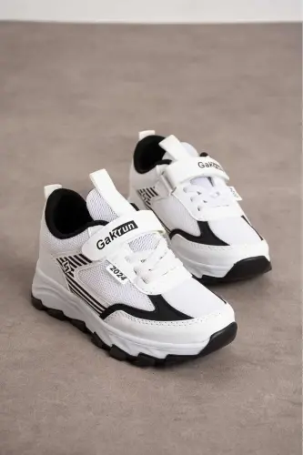 Unisex Kids Velcro Elastic Comfortable Daily Sneaker Anorak Sports Shoes Lightweight Poly Sole-WHITE BLACK - 1