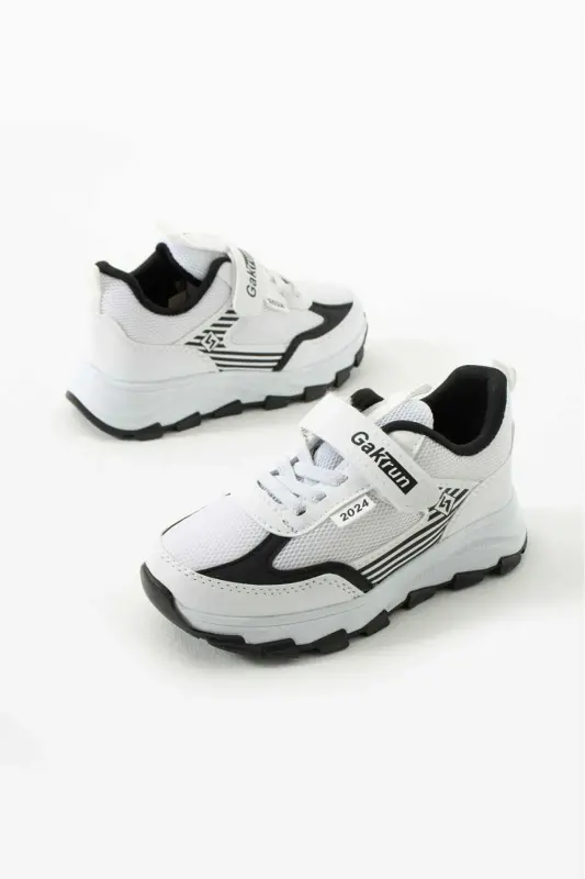 Unisex Kids Velcro Elastic Comfortable Daily Sneaker Anorak Sports Shoes Lightweight Poly Sole-WHITE BLACK - 4