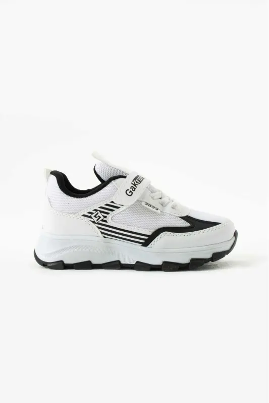 Unisex Kids Velcro Elastic Comfortable Daily Sneaker Anorak Sports Shoes Lightweight Poly Sole-WHITE BLACK - 5