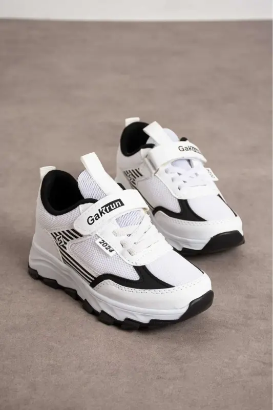 Unisex Kids Velcro Elastic Comfortable Daily Sneaker Anorak Sports Shoes Lightweight Poly Sole-WHITE BLACK - 9