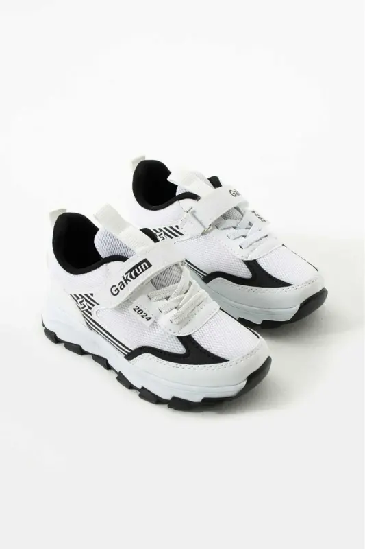 Unisex Kids Velcro Elastic Comfortable Daily Sneaker Anorak Sports Shoes Lightweight Poly Sole-WHITE BLACK - 16