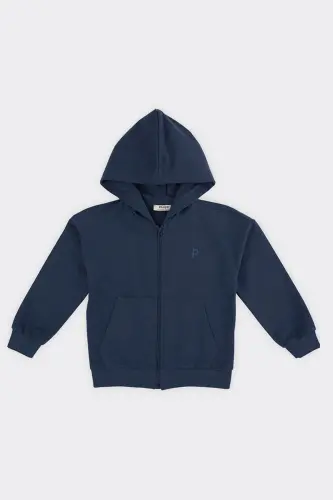 Unisex Kids Zippered Navy Blue Sweatshirt - 002-Navy Blue - 1