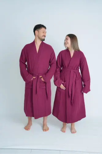 Unisex Kimono 4 Kat Müslin Bornoz - BORDO - 1