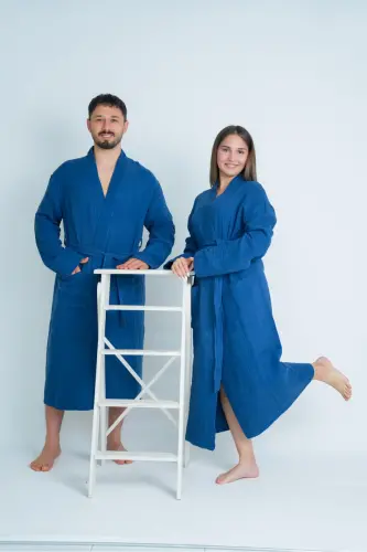 Unisex Kimono 4 Kat Müslin Bornoz - LACİVERT 
