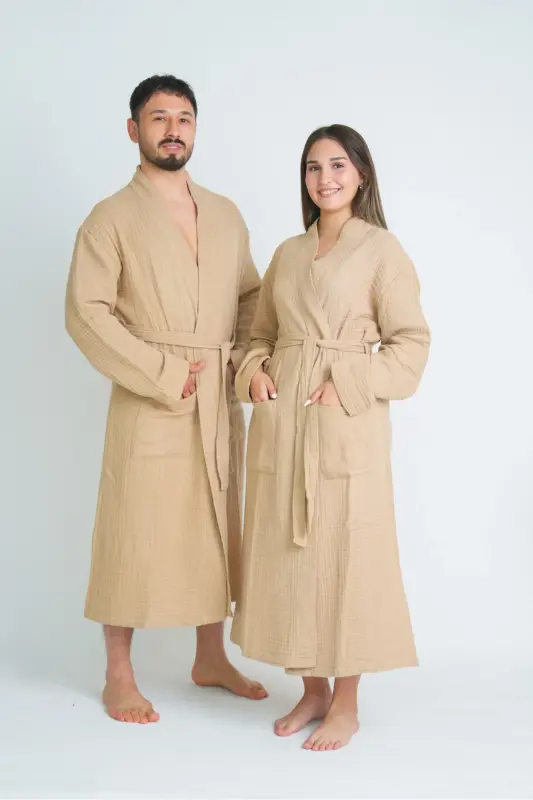 Unisex Kimono 4 Layer Muslin Bathrobe-BEIGE - 1