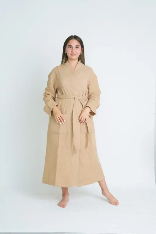 Unisex Kimono 4 Layer Muslin Bathrobe-BEIGE - 2