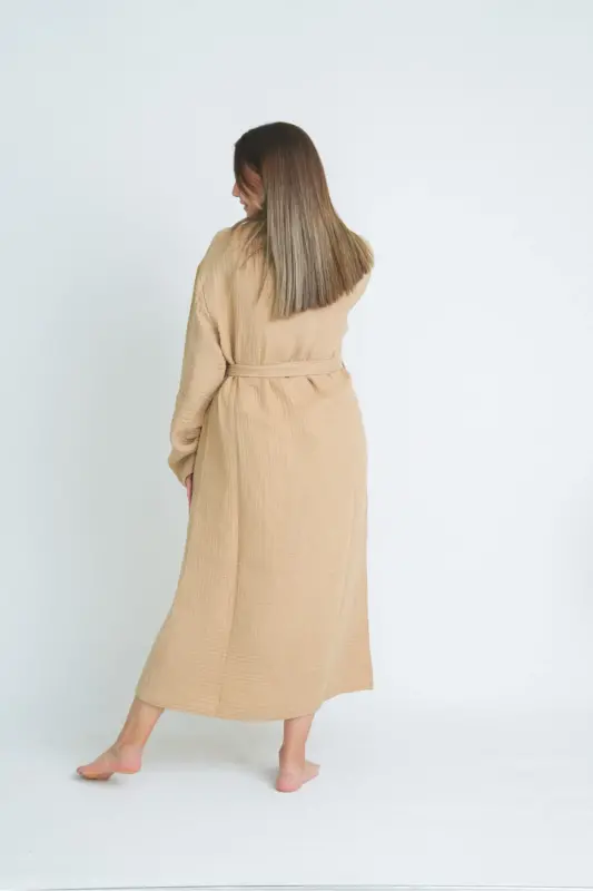 Unisex Kimono 4 Layer Muslin Bathrobe-BEIGE - 3