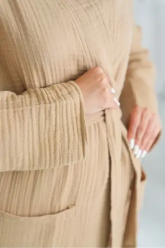 Unisex Kimono 4 Layer Muslin Bathrobe-BEIGE - 4
