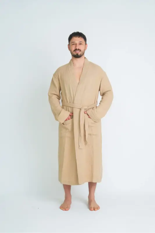 Unisex Kimono 4 Layer Muslin Bathrobe-BEIGE - 5