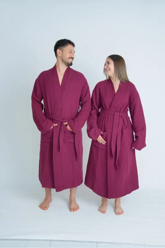 Unisex Kimono 4 Layer Muslin Bathrobe-BURGUNDY - 1