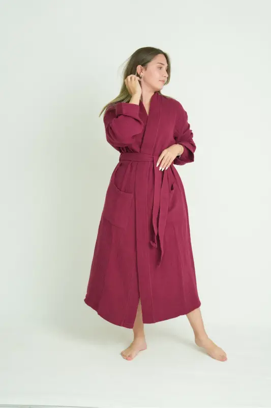 Unisex Kimono 4 Layer Muslin Bathrobe-BURGUNDY - 2