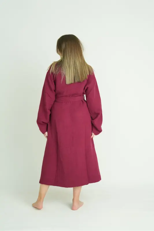 Unisex Kimono 4 Layer Muslin Bathrobe-BURGUNDY - 3