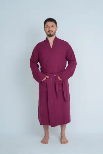 Unisex Kimono 4 Layer Muslin Bathrobe-BURGUNDY - 5