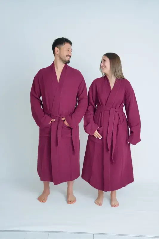 Unisex Kimono 4 Layer Muslin Bathrobe-BURGUNDY - NATURAL