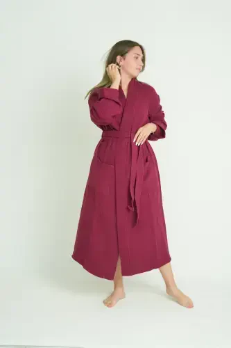 Unisex Kimono 4 Layer Muslin Bathrobe-BURGUNDY - NATURAL (1)