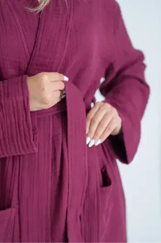 Unisex Kimono 4 Layer Muslin Bathrobe-BURGUNDY - 4