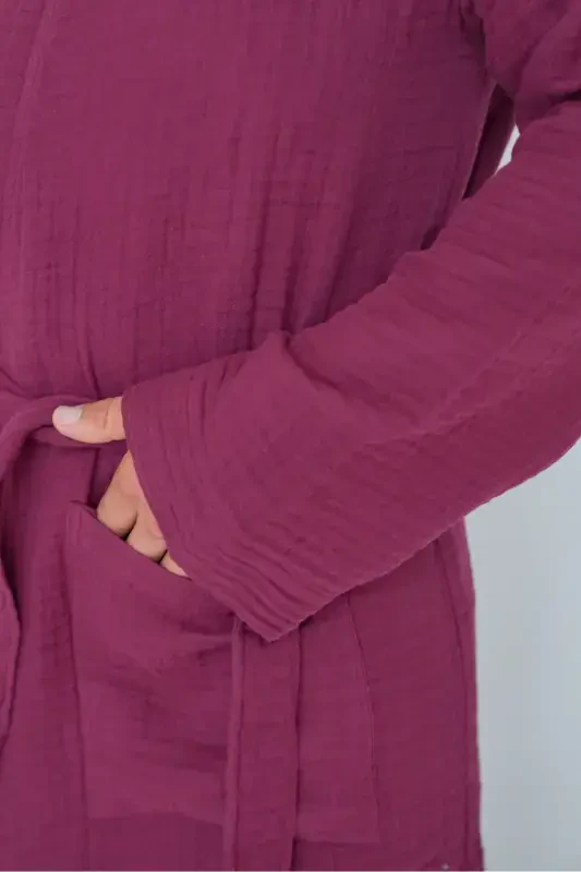 Unisex Kimono 4 Layer Muslin Bathrobe-BURGUNDY - 7