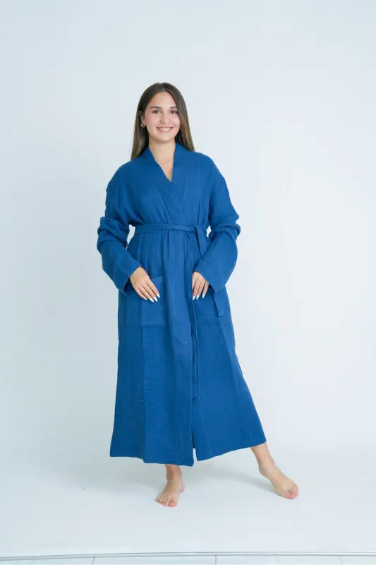 Unisex Kimono 4 Layer Muslin Bathrobe-NAVY BLUE - 2