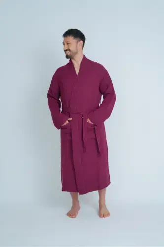 Unisex Kimono 4 Qat Muslin Xalat-BORDO - 6