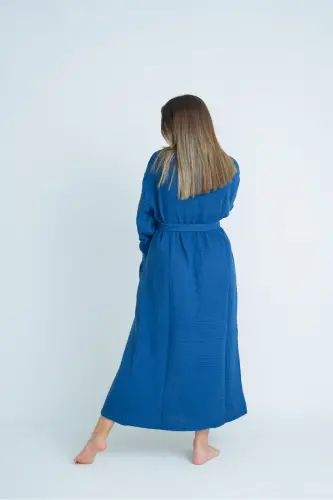 Unisex Kimono 4 Qat Muslin Xalat - To'q ko'k - 3
