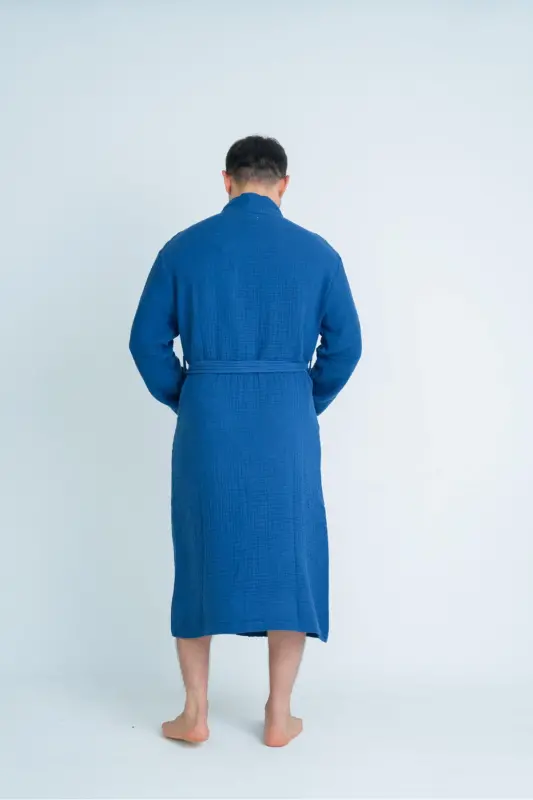 Unisex Kimono 4 Qat Muslin Xalat - To'q ko'k - 6