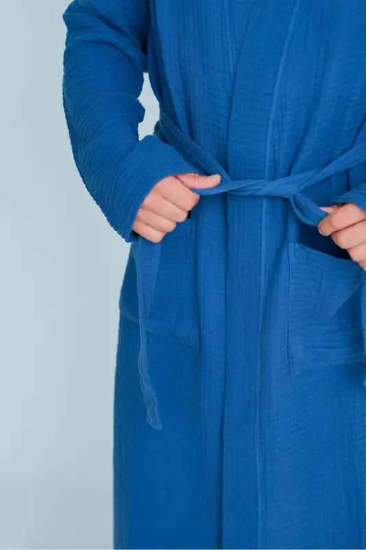 Unisex Kimono 4 Qat Muslin Xalat - To'q ko'k - 7