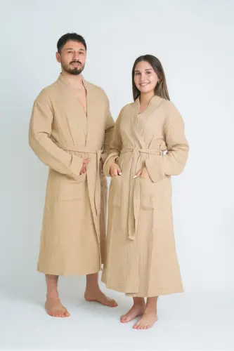 Unisex Kimono 4 Qavatli Muslin Xalat-BEJ 
