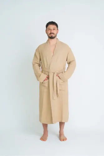 Unisex Kimono 4 Qavatli Muslin Xalat-BEJ - 5