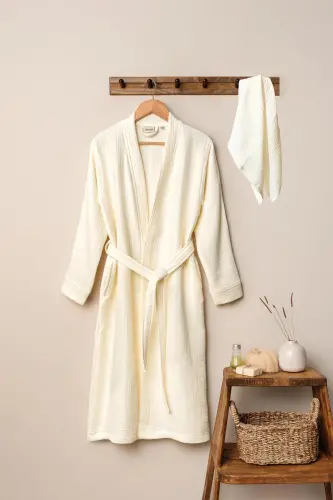 Unisex Kimono Muslin Bathrobe Towel Set Ecru-ECRU 