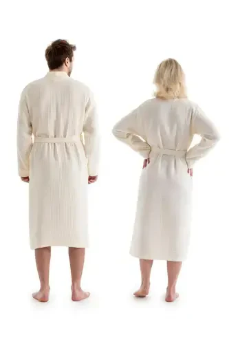 Unisex Kimono Muslin Bathrobe Towel Set Ecru-ECRU - 3